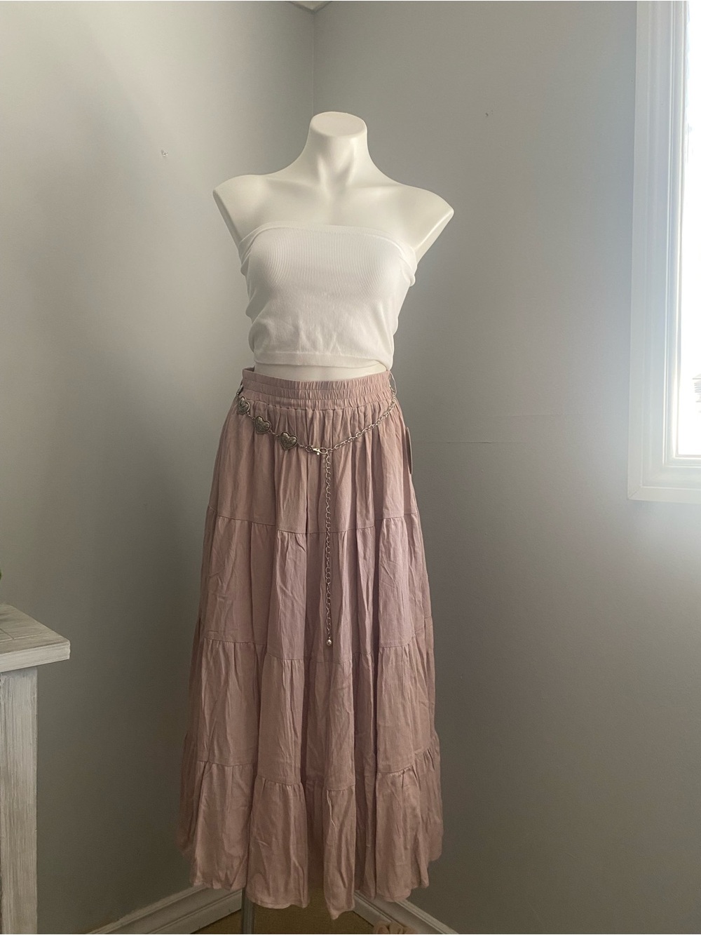 Blush Mauve Tiered Maxi Skirt with Chain Accent